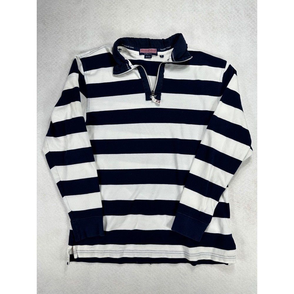 Vineyard Vines Mens Quarter Zip Striped Rugby Shirt Navy White Cotton Size M